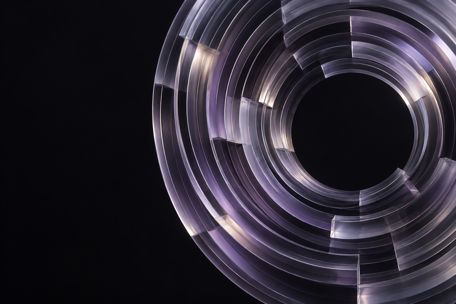 Optical artwork of smoky violet glass layers surrounding a clear opening.